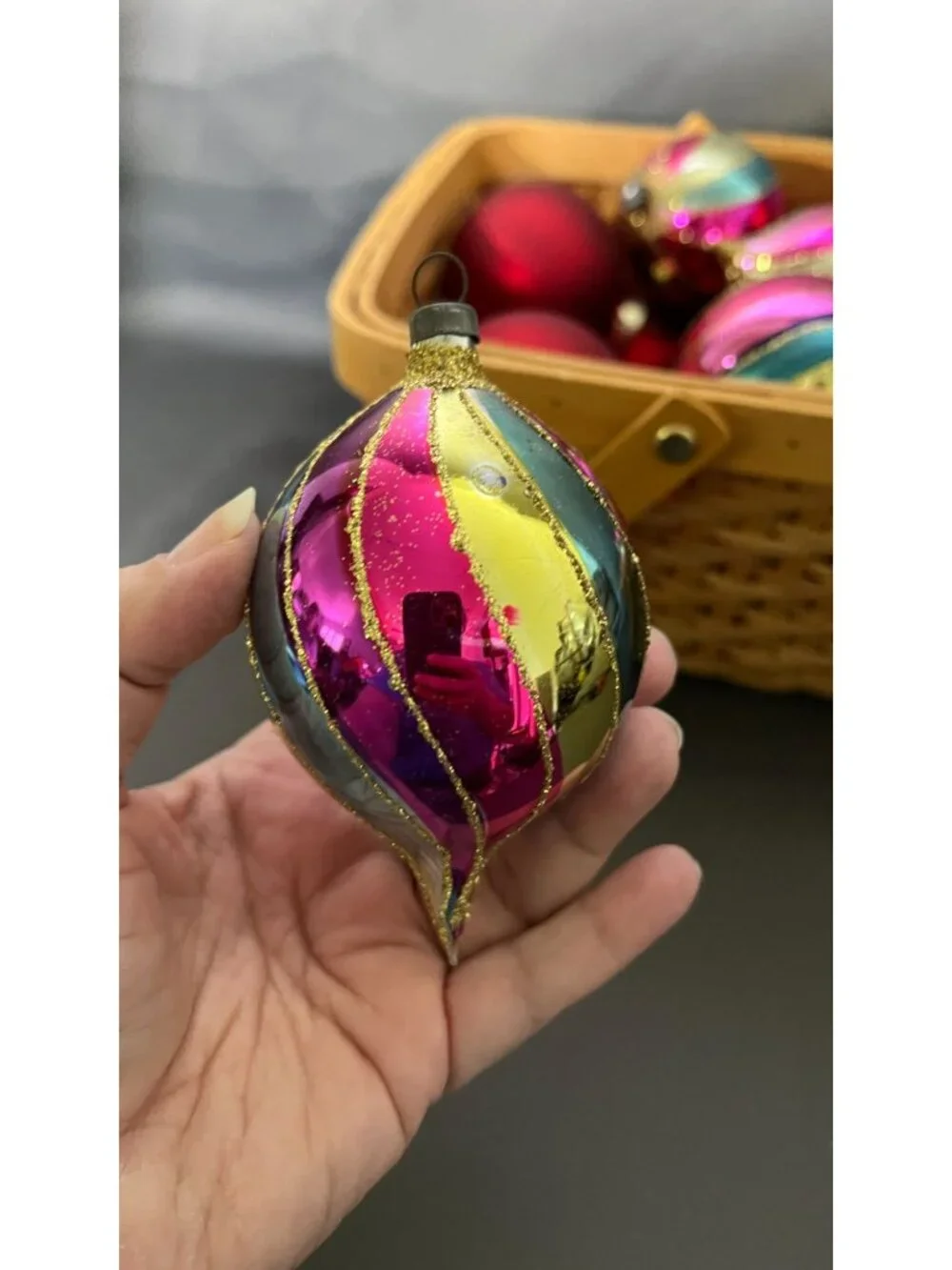 Festive Christmas Ornaments Set In Woven Basket